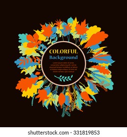 Autumnal round frame on dark background. Wreath of autumn leaves. Background with hand drawn autumn leaves. Fall of the leaves. Sketch, design elements. Vector illustration.