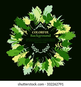Autumnal round frame on dark background. Wreath of autumn leaves. Background with hand drawn autumn leaves. Fall of the leaves. Sketch, design elements. Vector illustration.