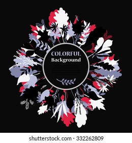 Autumnal round frame on dark background. Wreath of autumn leaves. Background with hand drawn autumn leaves. Fall of the leaves. Sketch, design elements. Vector illustration.