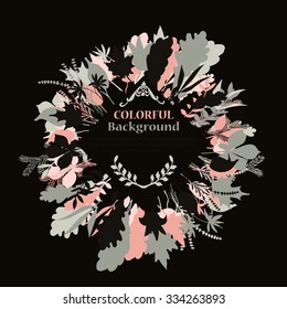 Autumnal round frame on dark background. Wreath of autumn leaves. Background with hand drawn autumn leaves. Fall of the leaves. Sketch, design elements. Vector illustration.