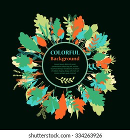 Autumnal round frame on dark background. Wreath of autumn leaves. Background with hand drawn autumn leaves. Fall of the leaves. Sketch, design elements. Vector illustration.