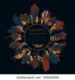 Autumnal round frame on dark background. Wreath of autumn leaves. Background with hand drawn autumn leaves. Fall of the leaves. Sketch, design elements. Vector illustration.