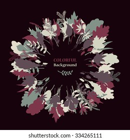 Autumnal round frame on dark background. Wreath of autumn leaves. Background with hand drawn autumn leaves. Fall of the leaves. Sketch, design elements. Vector illustration.