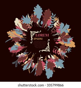 Autumnal round frame on dark background. Wreath of autumn leaves. Background with hand drawn autumn leaves. Fall of the leaves. Sketch, design elements. Vector illustration.