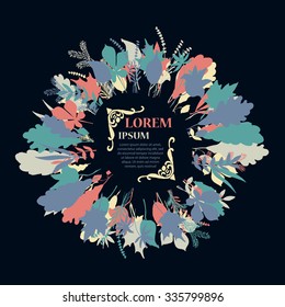 Autumnal round frame on dark background. Wreath of autumn leaves. Background with hand drawn autumn leaves. Fall of the leaves. Sketch, design elements. Vector illustration.