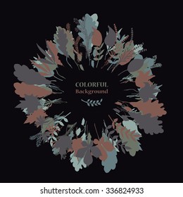 Autumnal round frame on dark background. Wreath of autumn leaves. Background with hand drawn autumn leaves. Fall of the leaves. Sketch, design elements. Vector illustration.