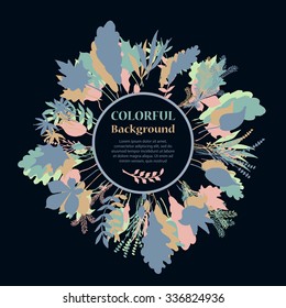 Autumnal round frame on dark background. Wreath of autumn leaves. Background with hand drawn autumn leaves. Fall of the leaves. Sketch, design elements. Vector illustration.