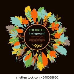 Autumnal round frame on dark background. Wreath of autumn leaves. Background with hand drawn autumn leaves. Fall of the leaves. Sketch, design elements. Vector illustration.