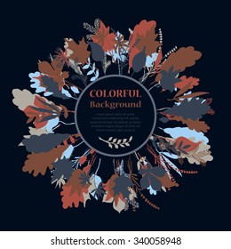 Autumnal round frame on dark background. Wreath of autumn leaves. Background with hand drawn autumn leaves. Fall of the leaves. Sketch, design elements. Vector illustration.