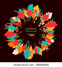 Autumnal round frame on dark background. Wreath of autumn leaves. Background with hand drawn autumn leaves. Fall of the leaves. Sketch, design elements. Vector illustration.