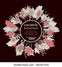 Autumnal round frame on dark background. Wreath of autumn leaves. Background with hand drawn autumn leaves. Fall of the leaves. Sketch, design elements. Vector illustration.