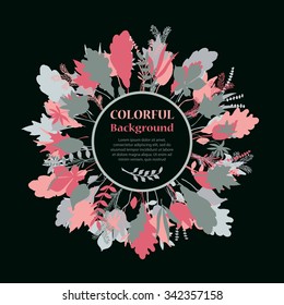 Autumnal round frame on dark background. Wreath of autumn leaves. Background with hand drawn autumn leaves. Fall of the leaves. Sketch, design elements. Vector illustration.