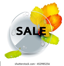 Autumnal round frame. Vector illustration. Glass plate with raindrops. 