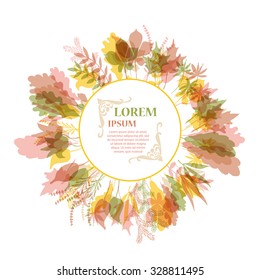 Autumnal round frame. Wreath of autumn leaves. Background with hand drawn autumn leaves. Fall of the leaves. Sketch, design elements. Vector illustration.