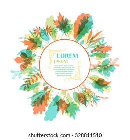 Autumnal round frame. Wreath of autumn leaves. Background with hand drawn autumn leaves. Fall of the leaves. Sketch, design elements. Vector illustration.