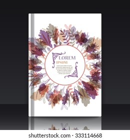 Autumnal round frame. Wreath of autumn leaves. Background with hand drawn leaves. EPS 10 vector illustration with mockup of title sheet or book cover. Can be used as background for web of applications