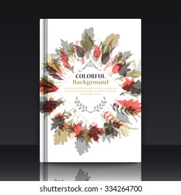 Autumnal round frame. Wreath of autumn leaves. Background with hand drawn leaves. EPS 10 vector illustration with mockup of title sheet or book cover. Can be used as background for web of applications