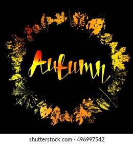 Autumnal round frame. Wreath of autumn leaves. Background with hand drawn autumn leaves. Fall of the leaves. Sketch, design elements. Vector illustration.