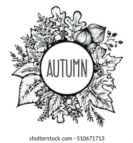Autumnal round vector frame. Wreath of autumn leaves. Isolated autumn leaves are drawn on white background. Fall of the leaves. Vector illustration.
