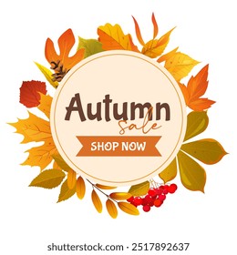 Autumnal sale poster with falling leaves,branches, pine cones, berries isolated on white background.