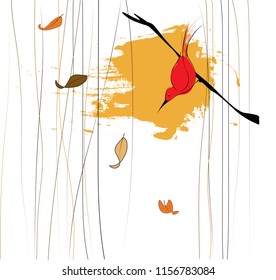 Autumnal Scene: Branch and Bird in the wind. Vector illustration. Design for poster, clothing and website.