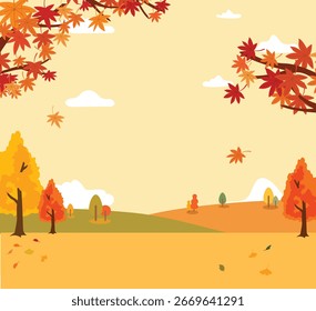 Autumnal Scene with Maple Trees and Falling Leaves