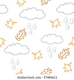 Autumnal seamless background with clouds and leaves. Vector illustration.