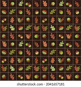 Autumnal seamless background with ethnic pattern of acorns and oak leaves. Ideal for printing on textiles, textiles, gift wrapping, wallpaper and other printed matter 