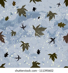 Autumnal seamless composition with dark cloudy sky,leaf fall,hovering swallows and snowfall