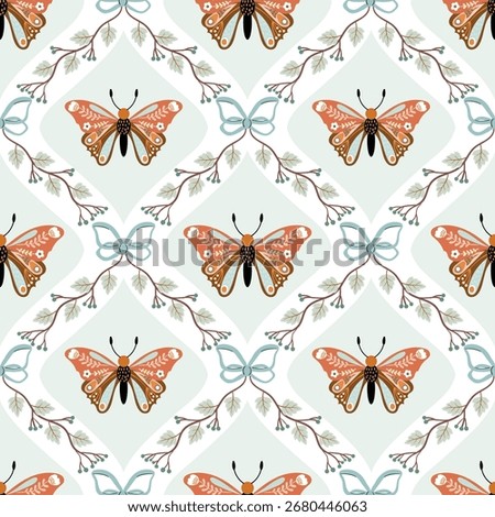 Autumnal seamless pattern with butterflies in decorative frames, wallpaper with bows, charming background
