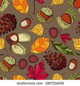 Autumnal seamless pattern. Chestnuts, cones, leaves. Cartoon style. Stock illustration. Design for wallpaper, packaging, fabric, textile, wrapping paper.