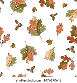 Autumnal Seamless Pattern of Colorful Oak Leaves and Acorns on White Background. Pattern for Textile Design, Fabric Printing, Packaging, Wallpaper, Book cover, Invitation. Vector.