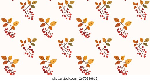 Autumnal seamless pattern with colourful rowan branches and berries. Hand drawn flat vector illustration. Universal design for background, fabric print, web, packaging, wallpaper.