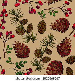 Autumnal seamless pattern. Cones, rowan twigs. Design for wallpaper, packaging, fabric, textile, wrapping paper.