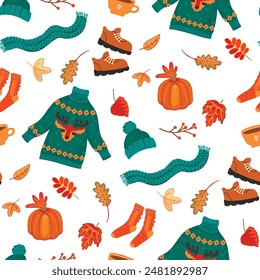 Autumnal seamless pattern with cozy and warm clothes,foliage,pumpkin and cup.Colorful elements on white background.Sweater with ornament,scarf,socks,boots and cap.Vector flat cartoon illustration.