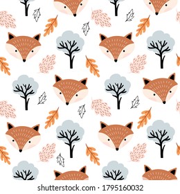 Autumnal seamless pattern with cute foxes and leaves