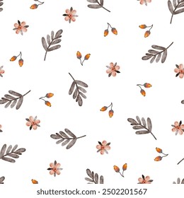 Autumnal seamless pattern with floral design, berries and leaves