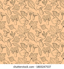 Autumnal seamless pattern. Line art. Various leaves and mushrooms. Stock illustration.