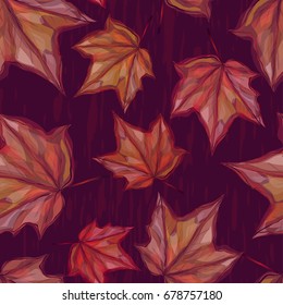 Autumnal seamless pattern with maple leaves on dark background