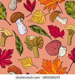 Autumnal seamless pattern. Multi-colored leaf and mushrooms. Cartoon style. Stock illustration.
