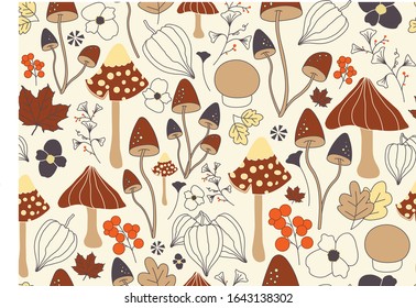 Autumnal seamless pattern with mushrooms, flowers, leaves and fruits