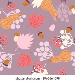 Autumnal seamless pattern on violet background. Random template with maple leaf, pumpkin, acorn and rowan. Decorative fall print in orange, red and brown colored. Vector illustration design.