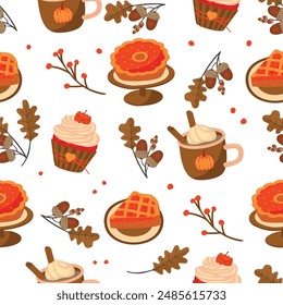 Patrón sin costuras de otoño con postres de especias de calabaza, ramita, hojas de roble y bellota. Fondo blanco con colores naranja y marrón cupcake, pastel, tarta y café con crema. Ilustración gráfica de alimentos de Vector. 