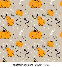 Autumnal seamless pattern with pumpkins and abstract branches on grey background. Doodle pumpkins vector illustration