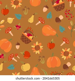 Autumnal seamless pattern with pumpkins, berries, mushrooms, pears, apples and leaves. Design for fabric, textile, wallpaper, packaging.