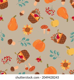 Autumnal seamless pattern with pumpkins, berries, mushrooms, apples and leaves. Design for fabric, textile, wallpaper, packaging.	