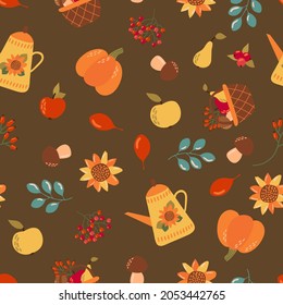Autumnal seamless pattern with pumpkins, berries, mushrooms, apples and leaves. Design for fabric, textile, wallpaper, packaging.	
