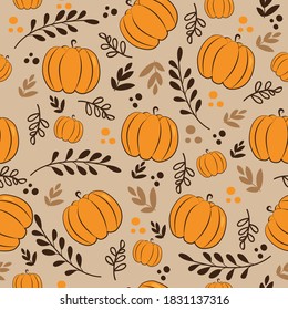 Autumnal seamless pattern - pumpkins and leaves, on beige background. Good for wall paper, wrapping paper, textile print and decoration.