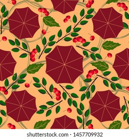 Autumnal seamless pattern with red umbrellas and rowan on a peach background.