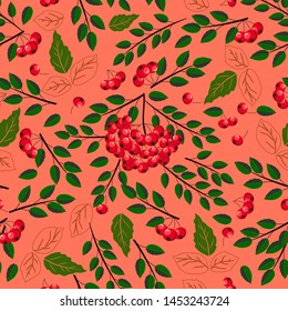 Autumnal seamless pattern with rowan and leaves on peach background.